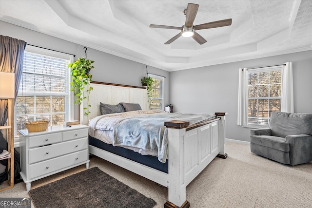 bedroom featuring a raised ceiling, ceiling fan, and multiple windows