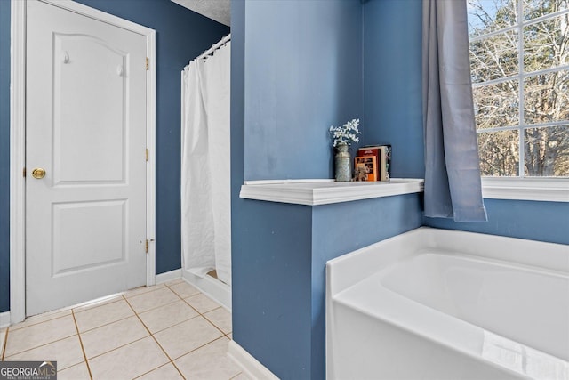 bathroom featuring independent shower and bath and tile patterned floors