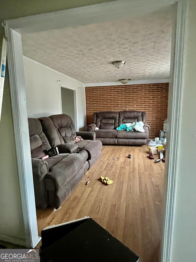 living room with a textured ceiling and hardwood / wood-style flooring