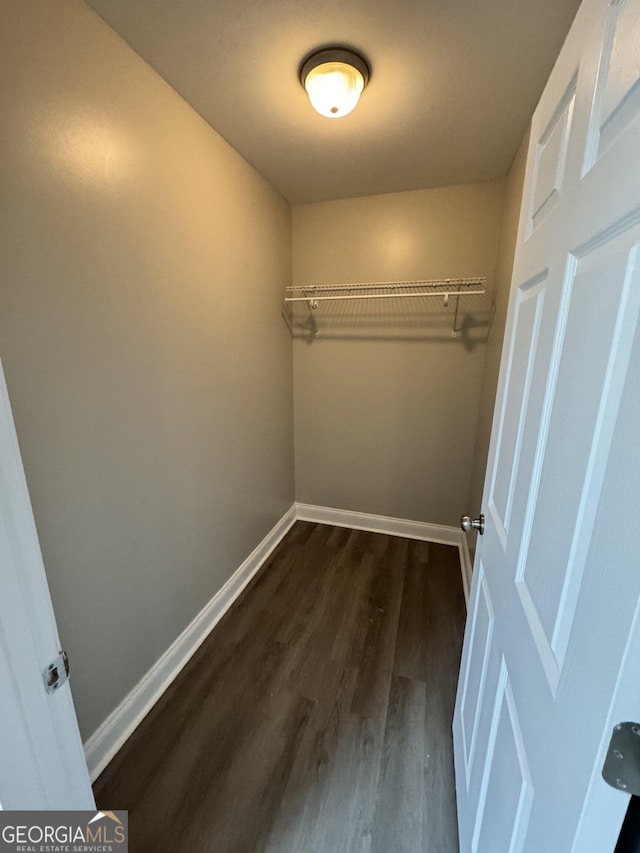 walk in closet with dark hardwood / wood-style flooring