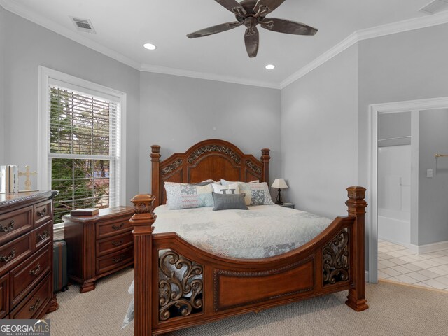 bedroom featuring ceiling fan, light colored carpet, and crown molding