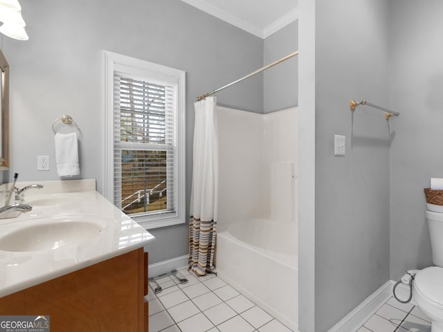 full bathroom with tile patterned floors, toilet, vanity, and shower / bath combo