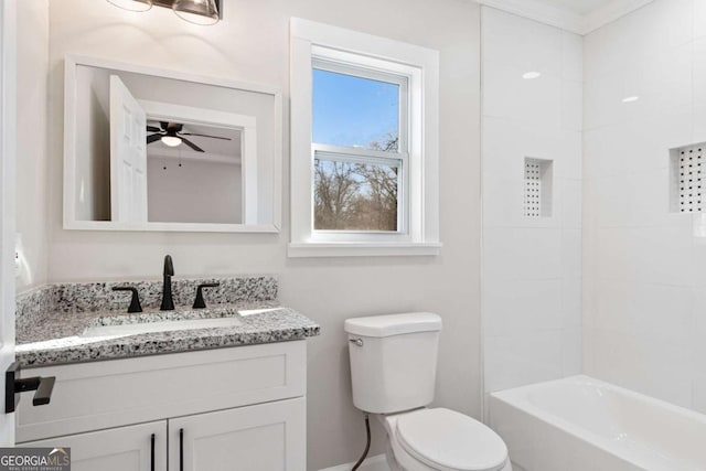 full bathroom with washtub / shower combination, vanity, and toilet