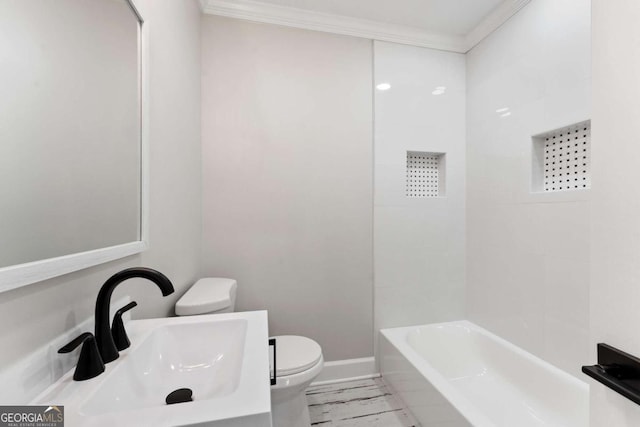 full bathroom featuring sink, ornamental molding, toilet, and washtub / shower combination