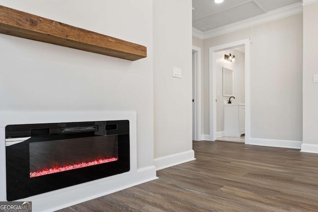 room details with hardwood / wood-style floors and ornamental molding