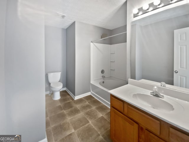 full bathroom with shower / bathtub combination, a textured ceiling, toilet, and vanity