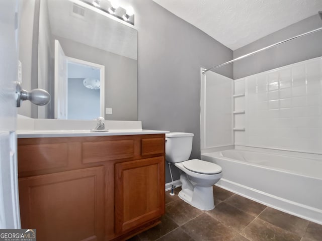 full bathroom featuring shower / tub combination, toilet, vanity, and a textured ceiling