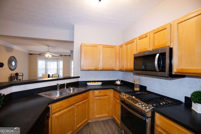 kitchen with a textured ceiling, appliances with stainless steel finishes, dark wood-type flooring, tasteful backsplash, and sink