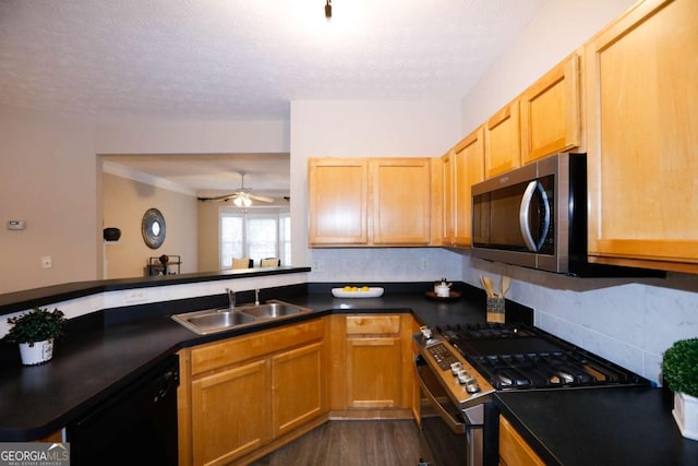 kitchen with a sink, appliances with stainless steel finishes, backsplash, dark wood-style floors, and dark countertops