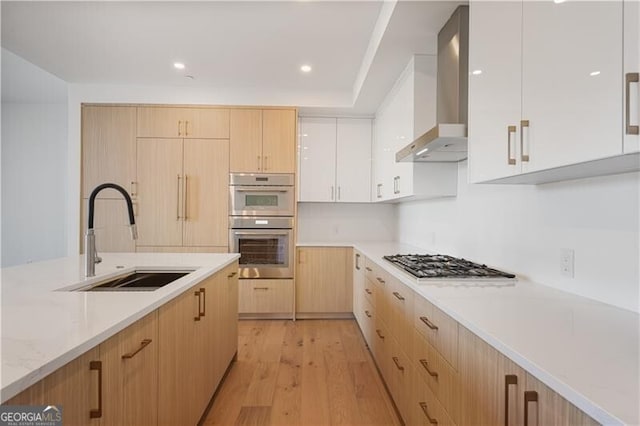 kitchen featuring appliances with stainless steel finishes, a sink, modern cabinets, light wood-type flooring, and extractor fan