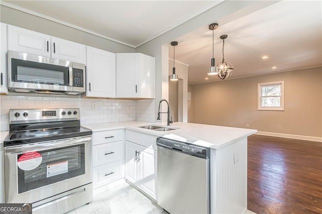 kitchen with sink, white cabinetry, kitchen peninsula, stainless steel appliances, and backsplash