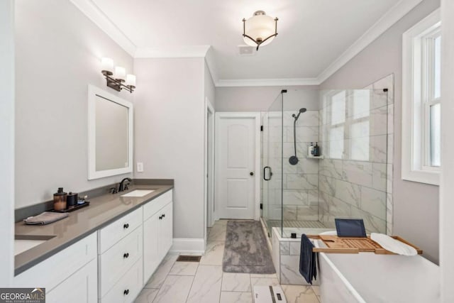 bathroom with vanity, crown molding, and shower with separate bathtub