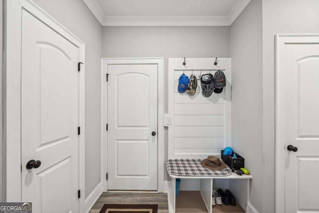 mudroom featuring dark hardwood / wood-style floors and ornamental molding