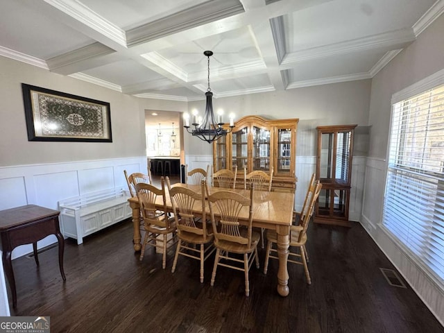 dining area featuring dark wood-type flooring, beam ceiling, and coffered ceiling