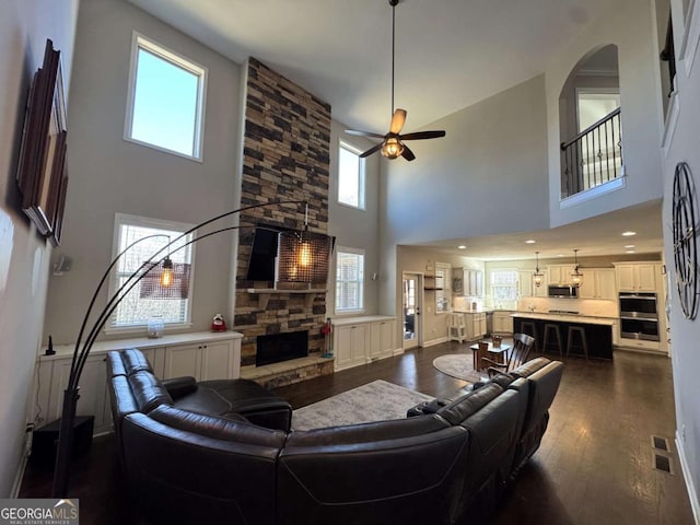 living room featuring dark hardwood / wood-style flooring, plenty of natural light, and a towering ceiling