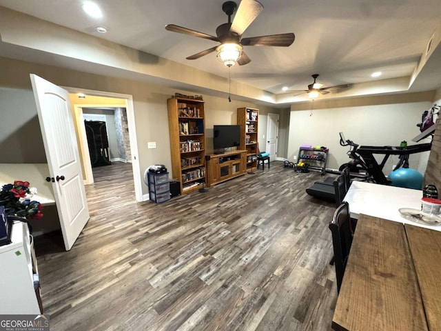 exercise room with dark hardwood / wood-style flooring and a raised ceiling