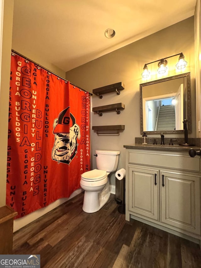 bathroom with wood-type flooring, toilet, vanity, and a shower with shower curtain