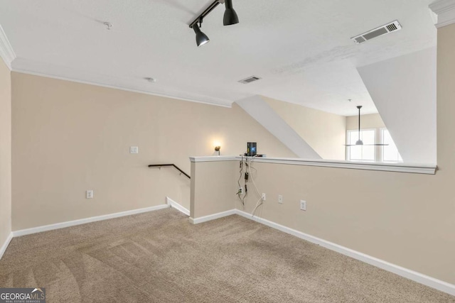 spare room with rail lighting, carpet, and ornamental molding