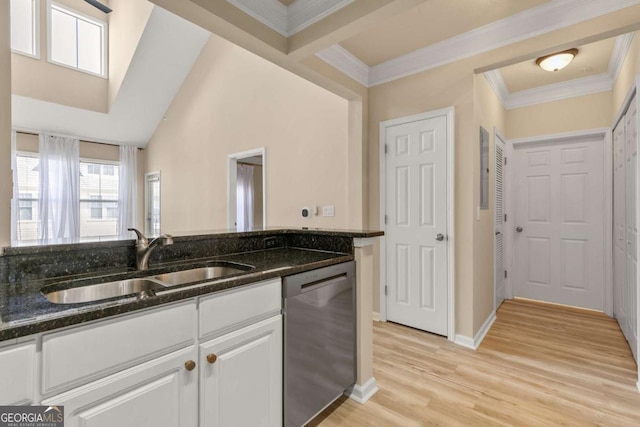 kitchen with white cabinets, dishwasher, sink, and dark stone counters