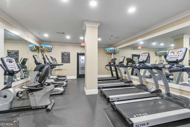 gym with ornamental molding