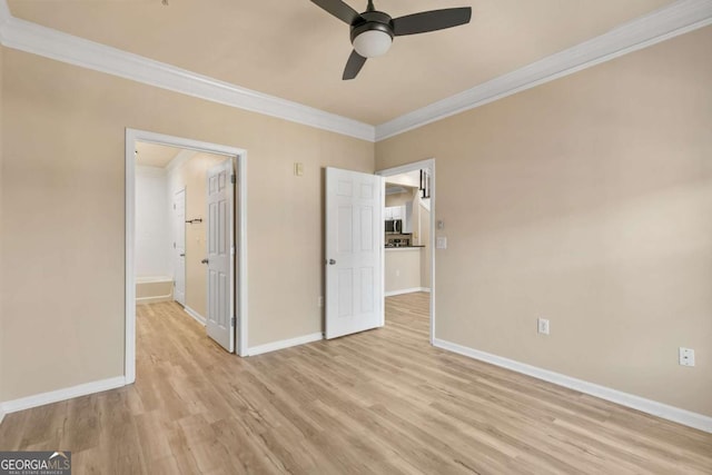 unfurnished bedroom with ceiling fan, ornamental molding, and light hardwood / wood-style floors