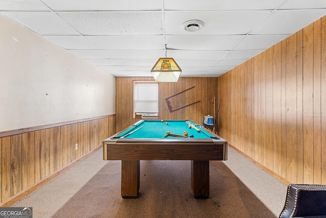 recreation room featuring light colored carpet, a drop ceiling, and billiards