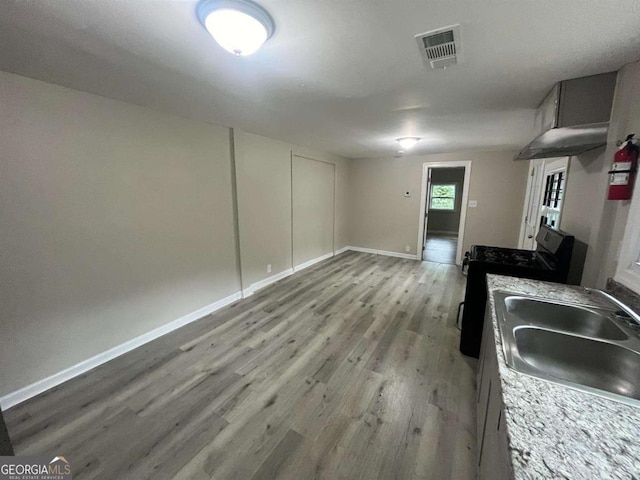 kitchen with black range with gas stovetop, light hardwood / wood-style flooring, and sink