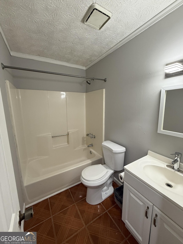 full bathroom with toilet, vanity, tub / shower combination, and crown molding