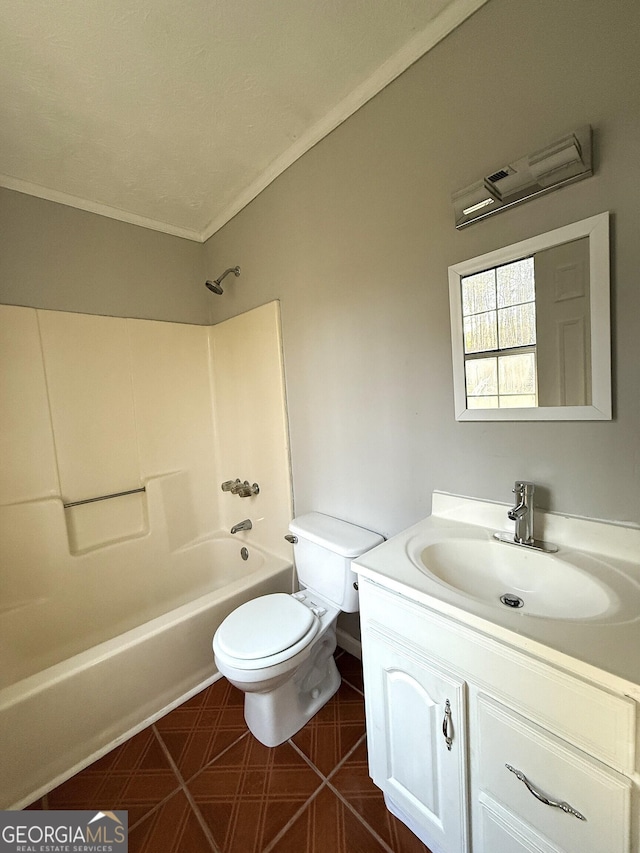 full bathroom featuring toilet, crown molding,  shower combination, and vanity