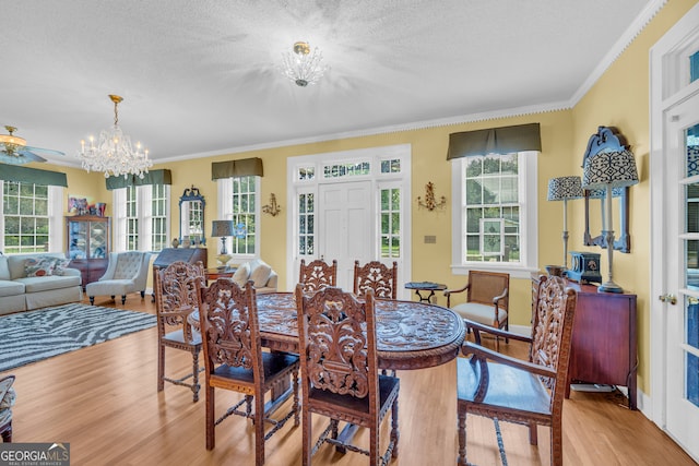 dining space with light hardwood / wood-style flooring, crown molding, a chandelier, and a textured ceiling