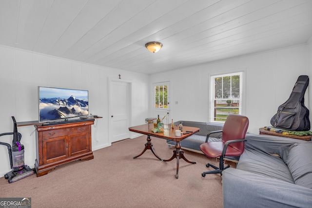 home office featuring light colored carpet and wood ceiling