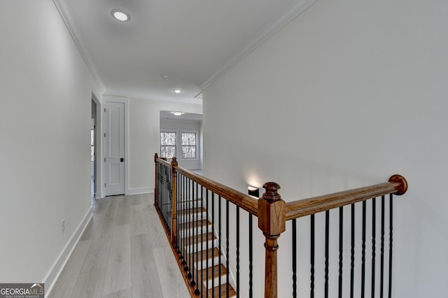 hall with crown molding and light hardwood / wood-style flooring