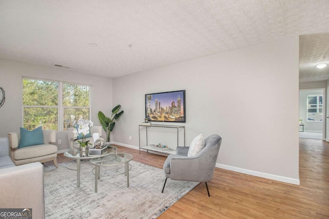 living room featuring a textured ceiling and light wood-type flooring