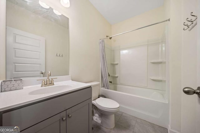 full bathroom featuring toilet, shower / tub combo, tile patterned flooring, and vanity