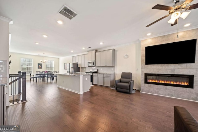 living room with ceiling fan with notable chandelier, dark hardwood / wood-style flooring, a fireplace, and ornamental molding
