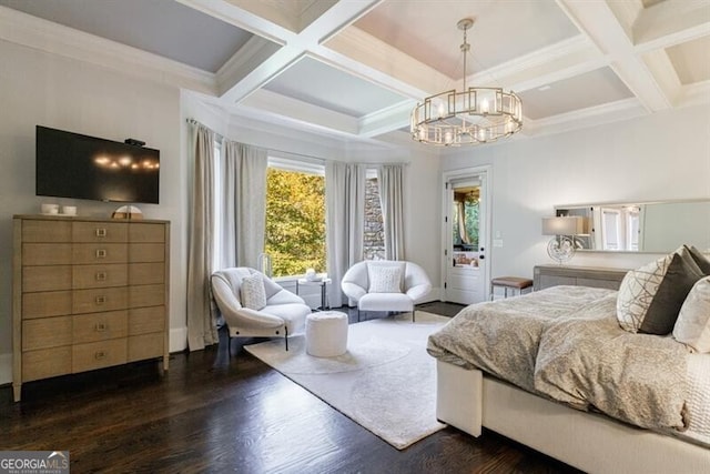 bedroom with beam ceiling, an inviting chandelier, coffered ceiling, dark wood-type flooring, and ornamental molding