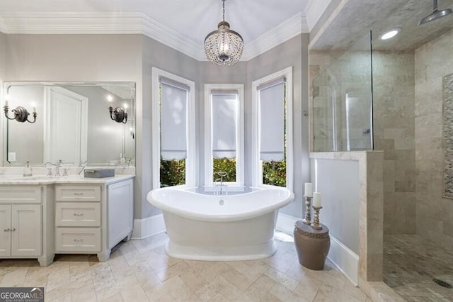 bathroom featuring separate shower and tub, vanity, a notable chandelier, and ornamental molding