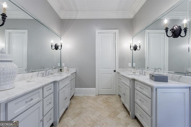 bathroom with vanity and ornamental molding