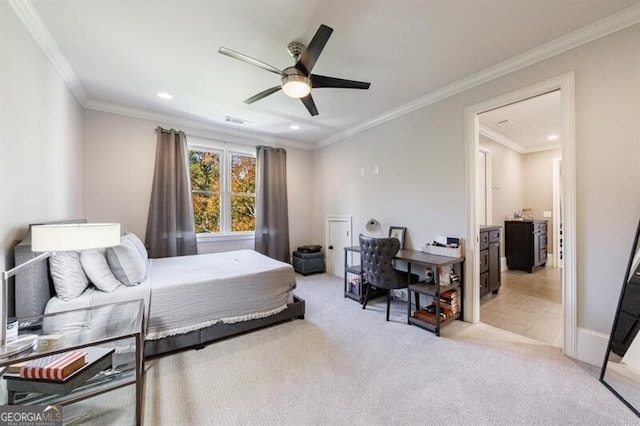 carpeted bedroom with ceiling fan and crown molding