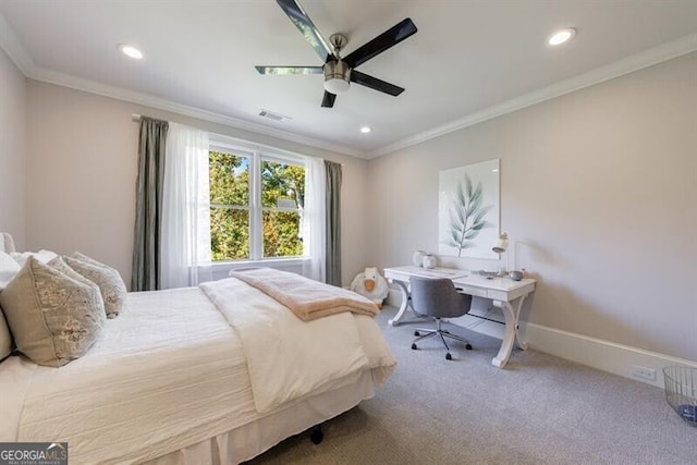 bedroom featuring ceiling fan, light colored carpet, and ornamental molding