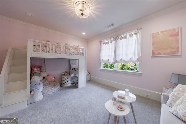 carpeted bedroom with ornamental molding