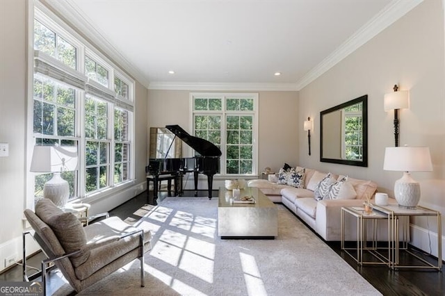 living room featuring plenty of natural light and ornamental molding