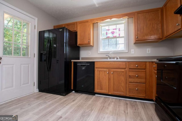 kitchen with exhaust hood, light wood-type flooring, a textured ceiling, black appliances, and sink