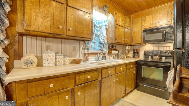 kitchen with wooden ceiling, sink, and black appliances