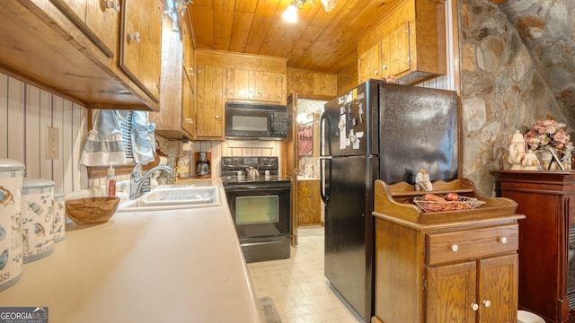 kitchen featuring wooden ceiling, sink, wood walls, and black appliances