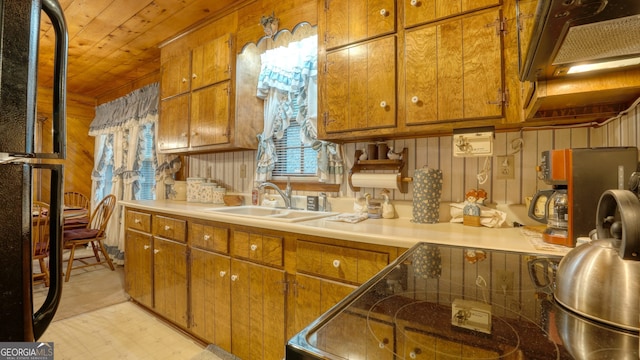 kitchen featuring sink, wood walls, and wood ceiling