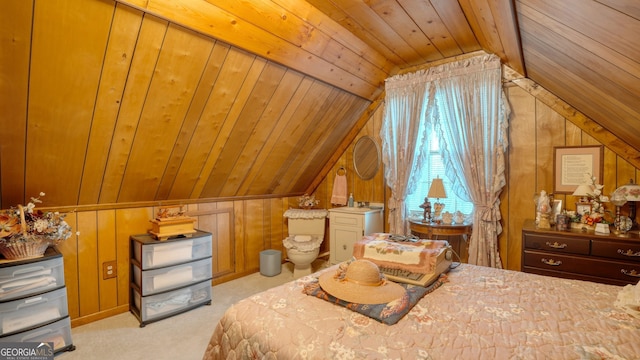 carpeted bedroom featuring lofted ceiling, wood ceiling, and wooden walls