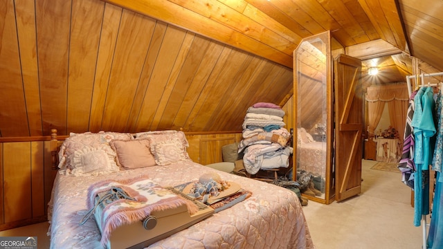 bedroom with light carpet, lofted ceiling, wood walls, and wood ceiling