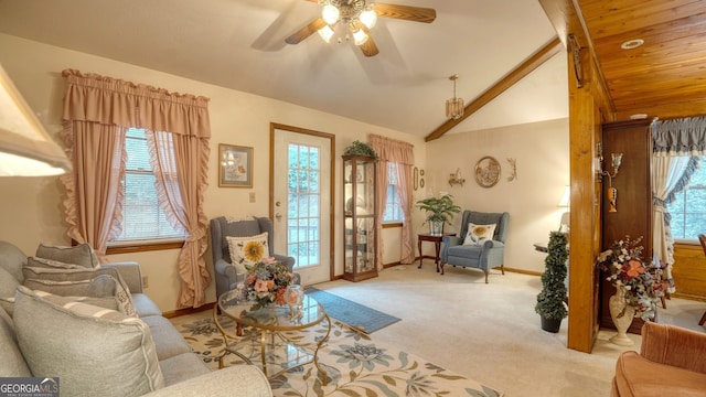 carpeted living room with ceiling fan and lofted ceiling with beams