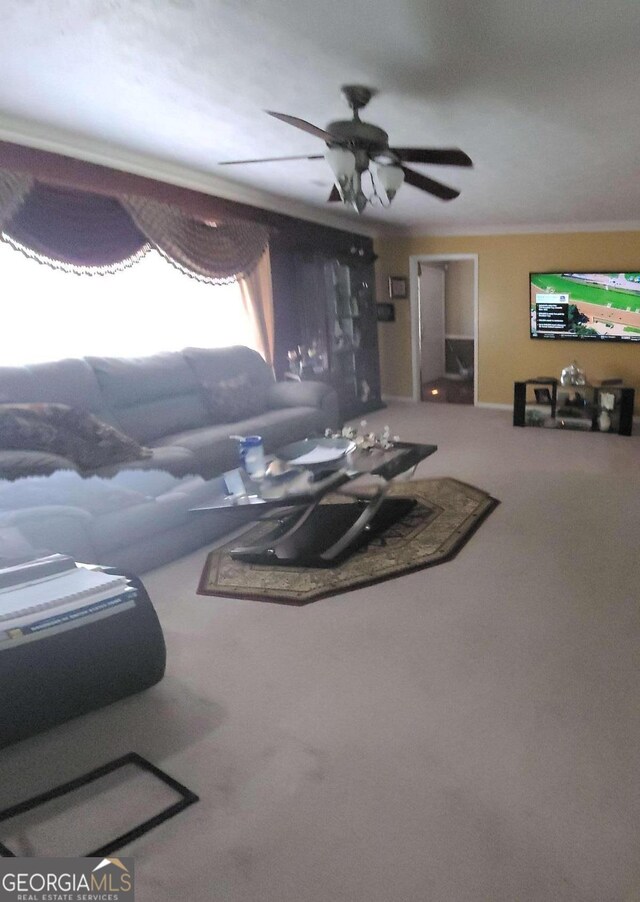 living room with crown molding, ceiling fan, and carpet flooring